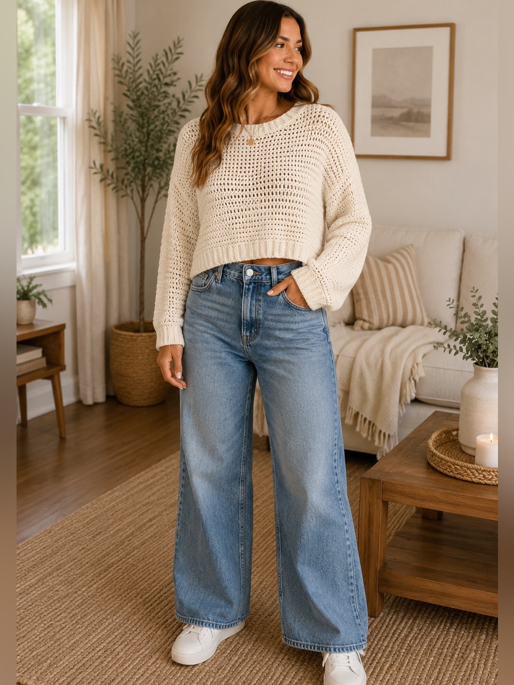Forever 21 Cream Cropped Open-Knit Crewneck Sweater